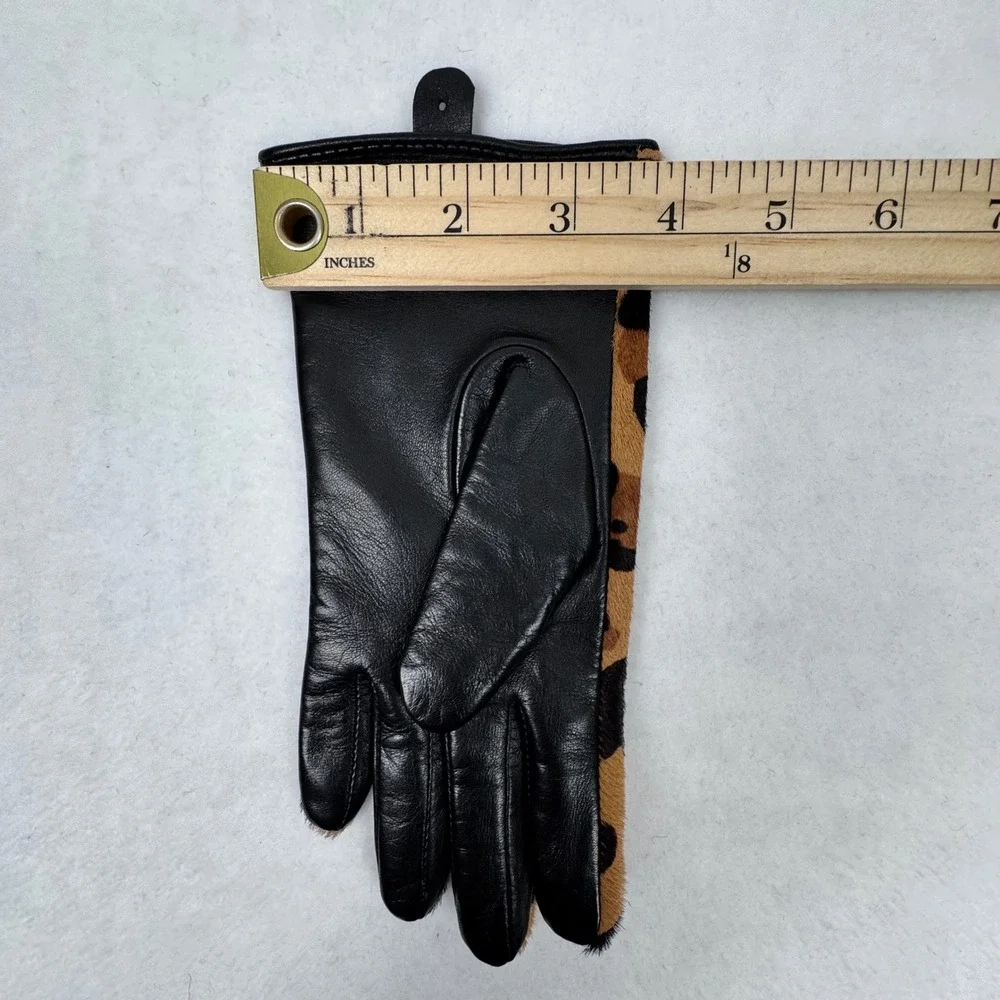 New Chicos Black Label Leopard Gloves‎ S Black Leather Pony Hair Mob Wife Chic
